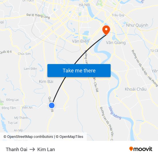 Thanh Oai to Kim Lan map