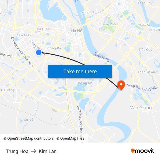 Trung Hòa to Kim Lan map