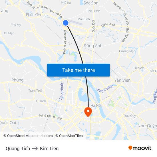 Quang Tiến to Kim Liên map