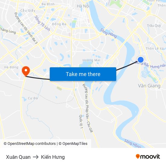 Xuân Quan to Kiến Hưng map