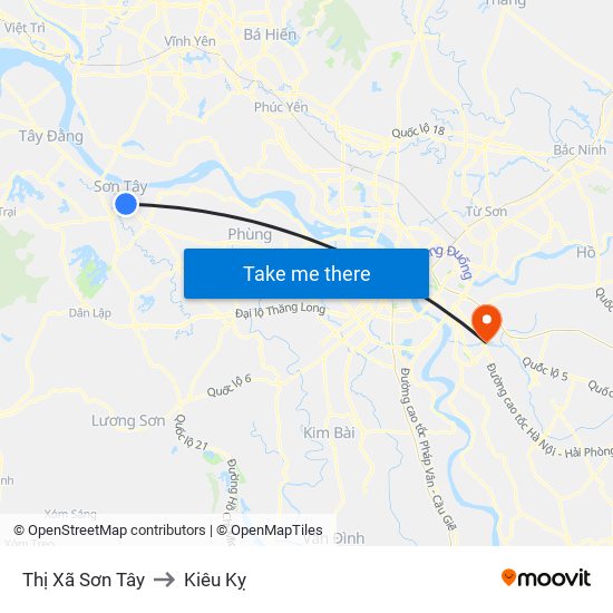 Thị Xã Sơn Tây to Kiêu Kỵ map