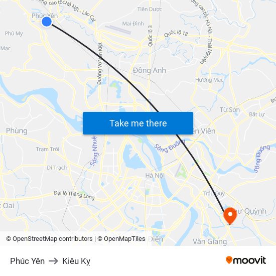 Phúc Yên to Kiêu Kỵ map