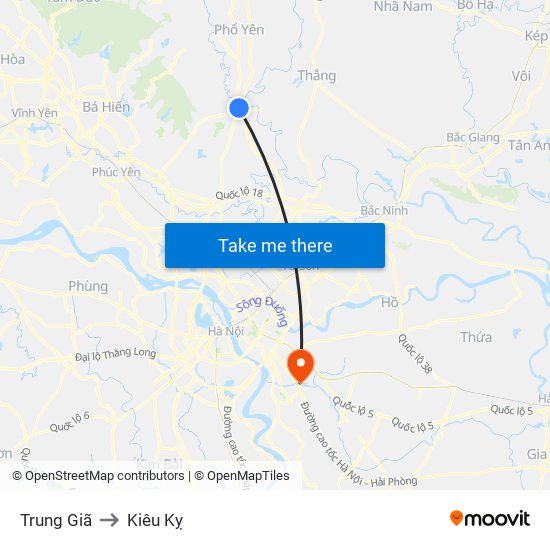 Trung Giã to Kiêu Kỵ map