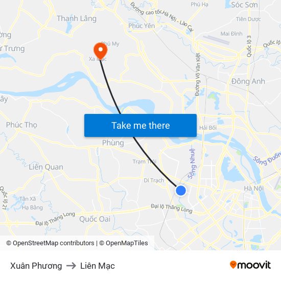 Xuân Phương to Liên Mạc map