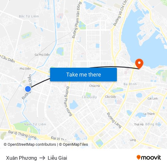 Xuân Phương to Liễu Giai map
