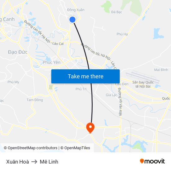Xuân Hoà to Mê Linh map