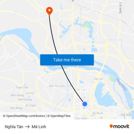 Nghĩa Tân to Mê Linh map