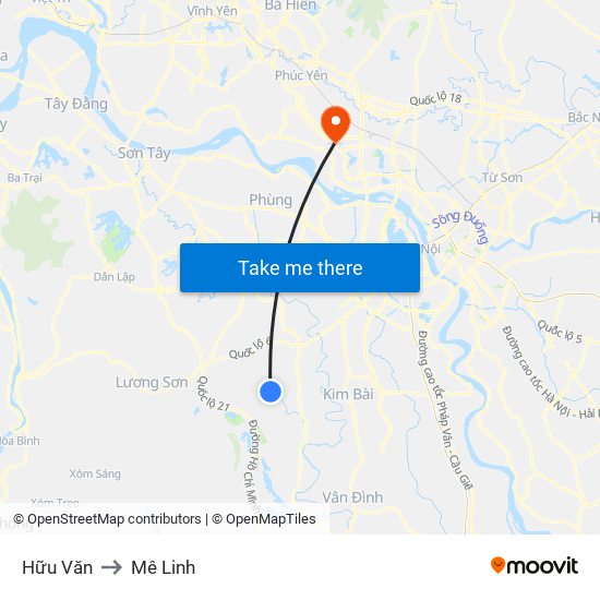 Hữu Văn to Mê Linh map