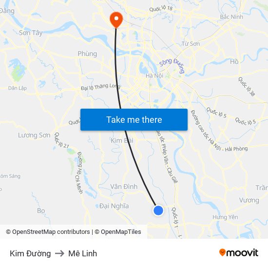 Kim Đường to Mê Linh map