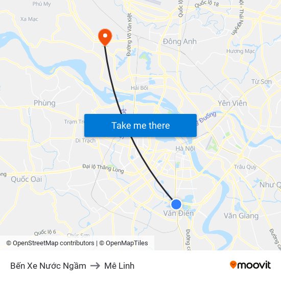 Bến Xe Nước Ngầm to Mê Linh map