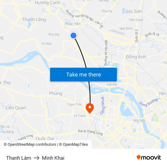 Thanh Lâm to Minh Khai map