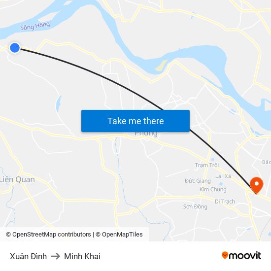 Xuân Đình to Minh Khai map