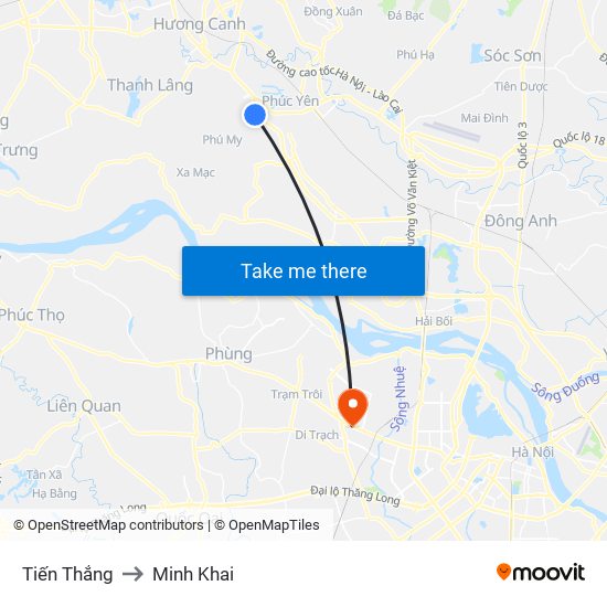 Tiến Thắng to Minh Khai map