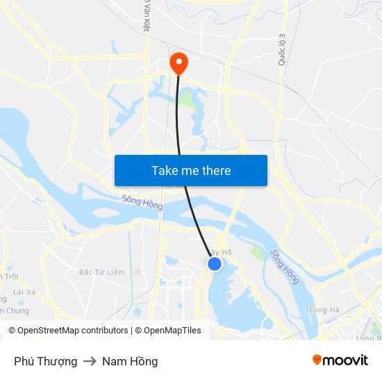 Phú Thượng to Nam Hồng map