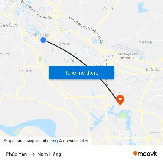 Phúc Yên to Nam Hồng map