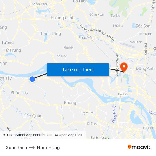 Xuân Đình to Nam Hồng map