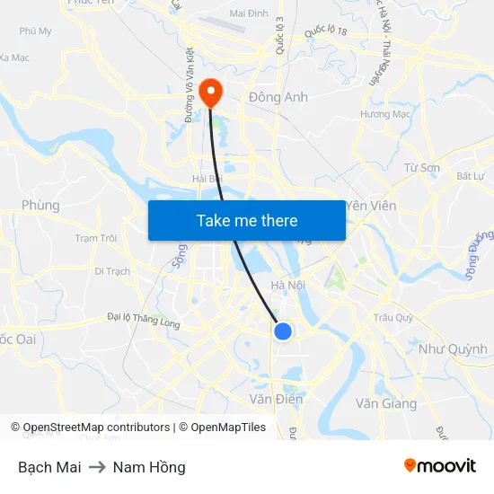 Bạch Mai to Nam Hồng map