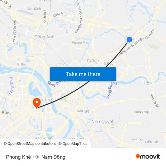 Phong Khê to Nam Đồng map