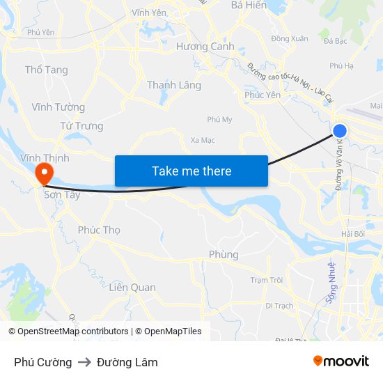Phú Cường to Đường Lâm map