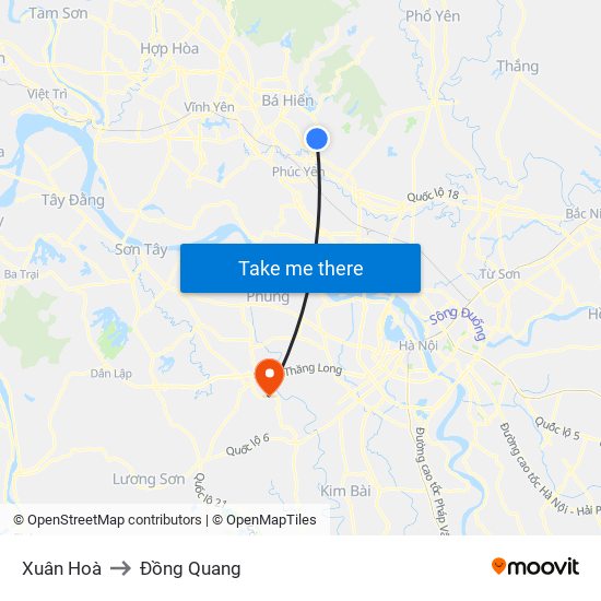 Xuân Hoà to Đồng Quang map