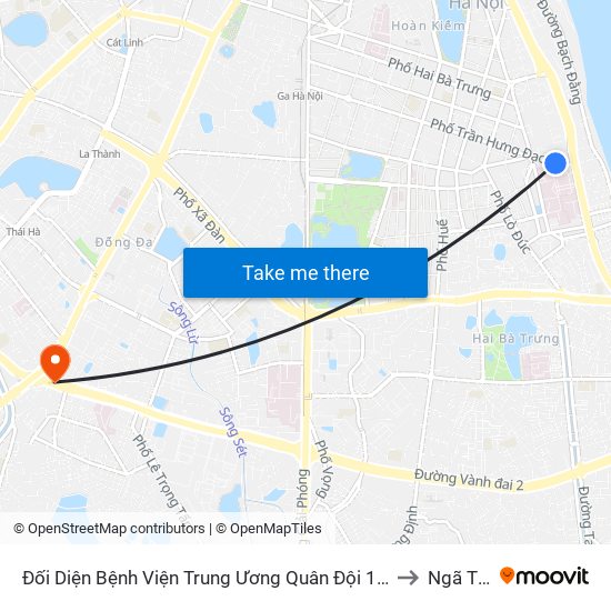 Đối Diện Bệnh Viện Trung Ương Quân Đội 108 - Trần Hưng Đạo to Ngã Tư Sở map