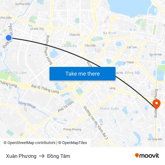 Xuân Phương to Đồng Tâm map