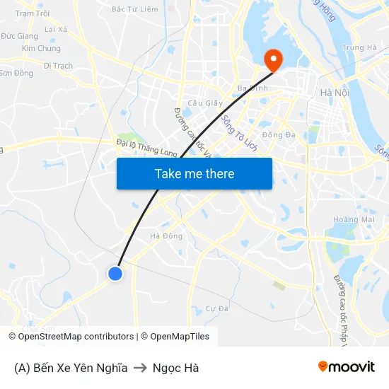 (A) Bến Xe Yên Nghĩa to Ngọc Hà map