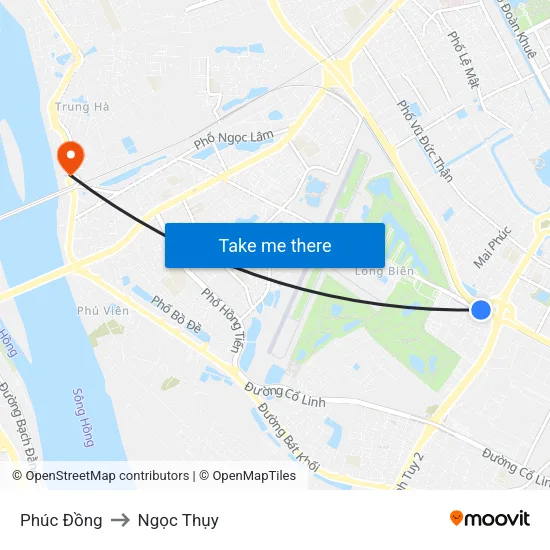 Phúc Đồng to Ngọc Thụy map