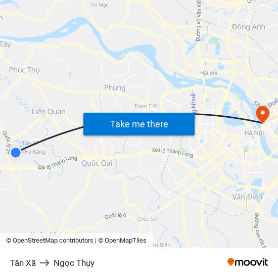 Tân Xã to Ngọc Thụy map