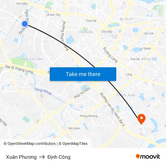 Xuân Phương to Định Công map