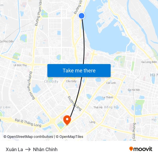 Xuân La to Nhân Chính map