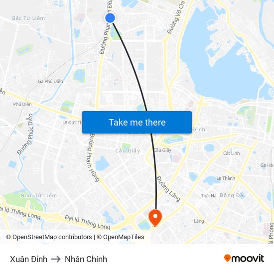 Xuân Đỉnh to Nhân Chính map