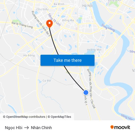 Ngọc Hồi to Nhân Chính map