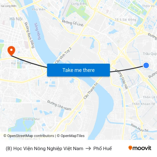 (B) Học Viện Nông Nghiệp Việt Nam to Phố Huế map