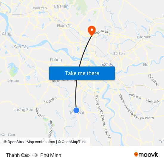 Thanh Cao to Phú Minh map