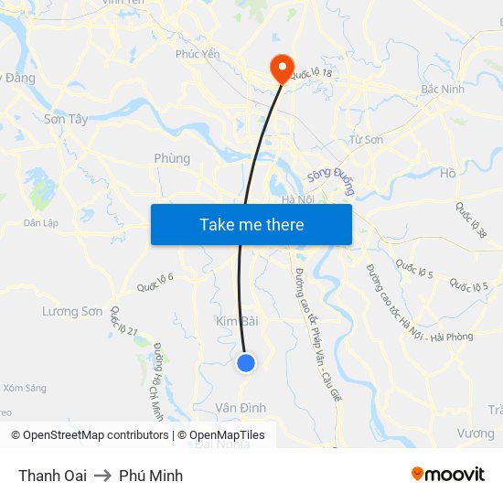 Thanh Oai to Phú Minh map