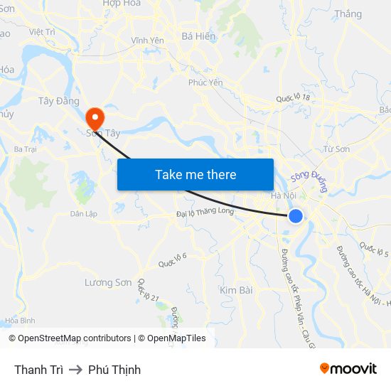 Thanh Trì to Phú Thịnh map