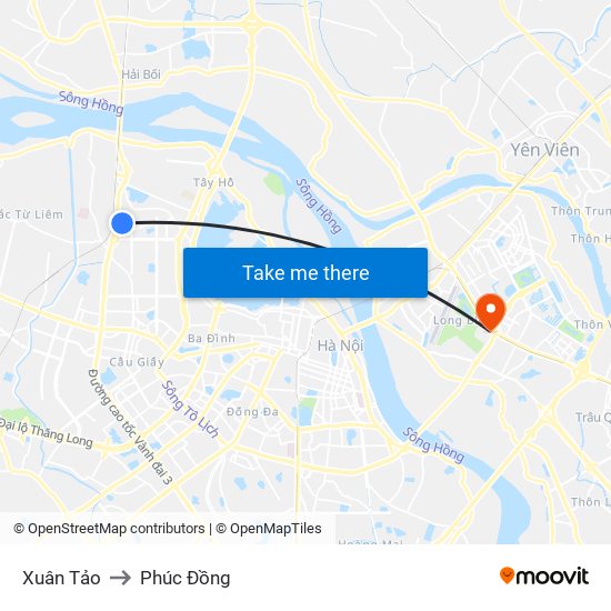 Xuân Tảo to Phúc Đồng map