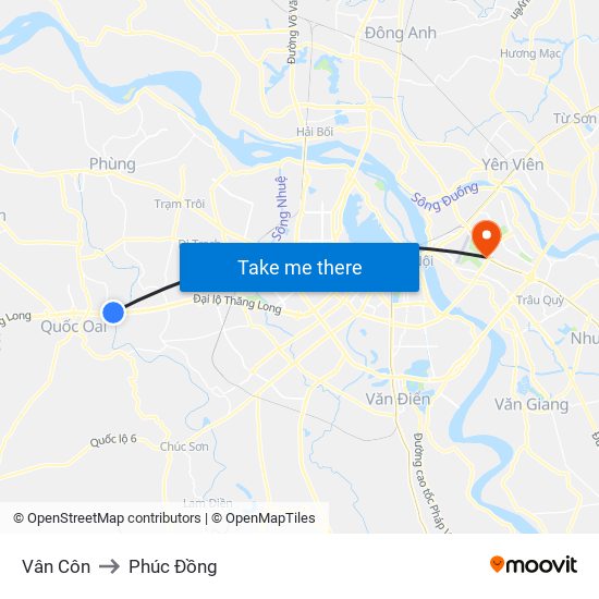 Vân Côn to Phúc Đồng map