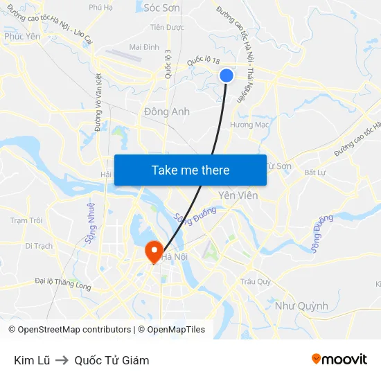 Kim Lũ to Quốc Tử Giám map