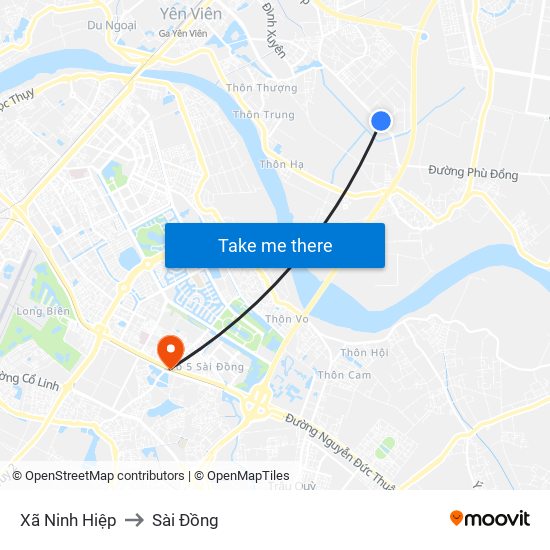 Xã Ninh Hiệp to Sài Đồng map