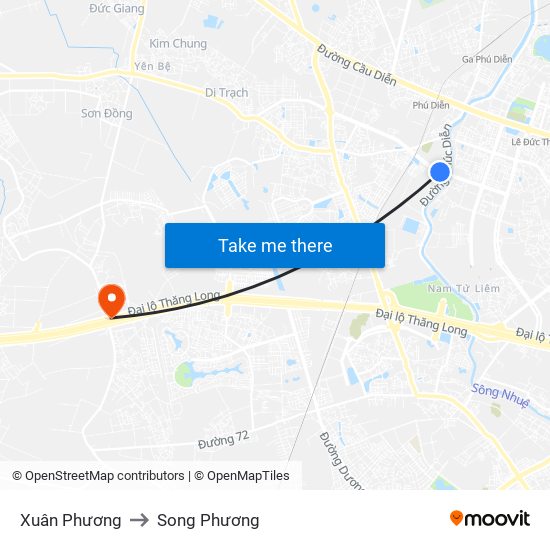 Xuân Phương to Song Phương map