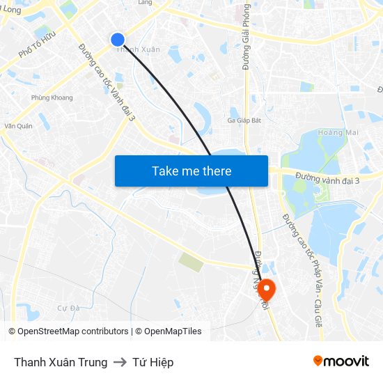 Thanh Xuân Trung to Tứ Hiệp map
