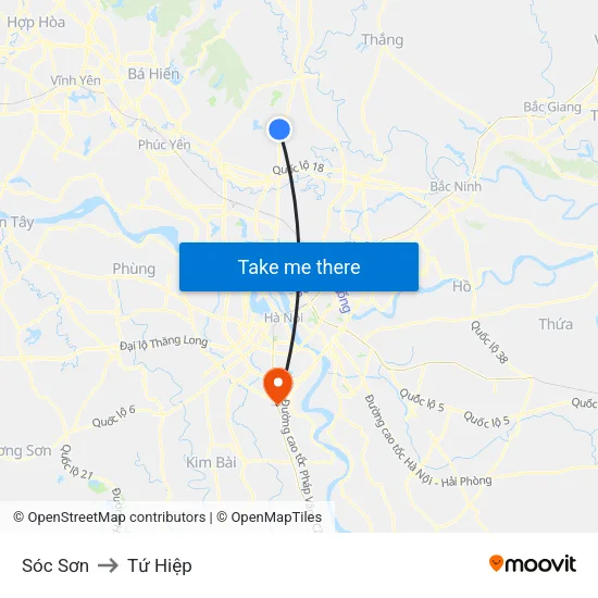 Sóc Sơn to Tứ Hiệp map