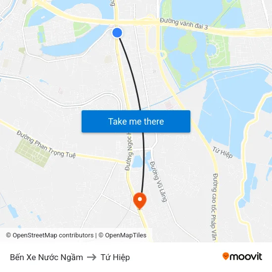 Bến Xe Nước Ngầm to Tứ Hiệp map