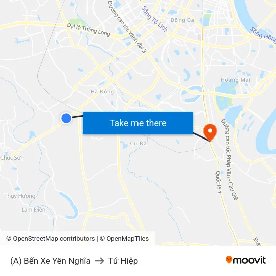 (A) Bến Xe Yên Nghĩa to Tứ Hiệp map