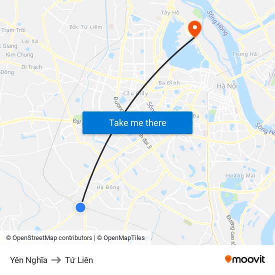 Yên Nghĩa to Tứ Liên map