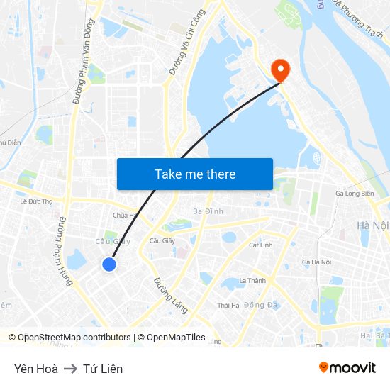 Yên Hoà to Tứ Liên map