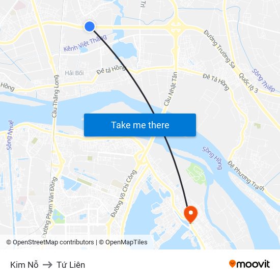 Kim Nỗ to Tứ Liên map