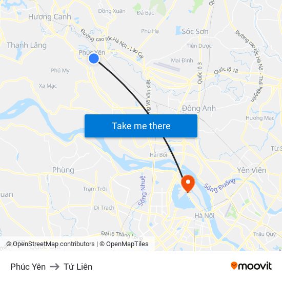 Phúc Yên to Tứ Liên map